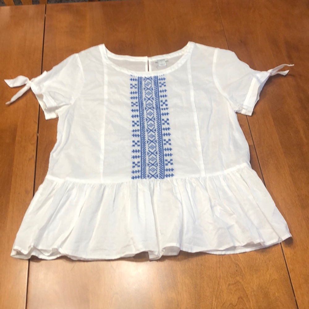 Jcrew white cotton peplum embroidered blouse